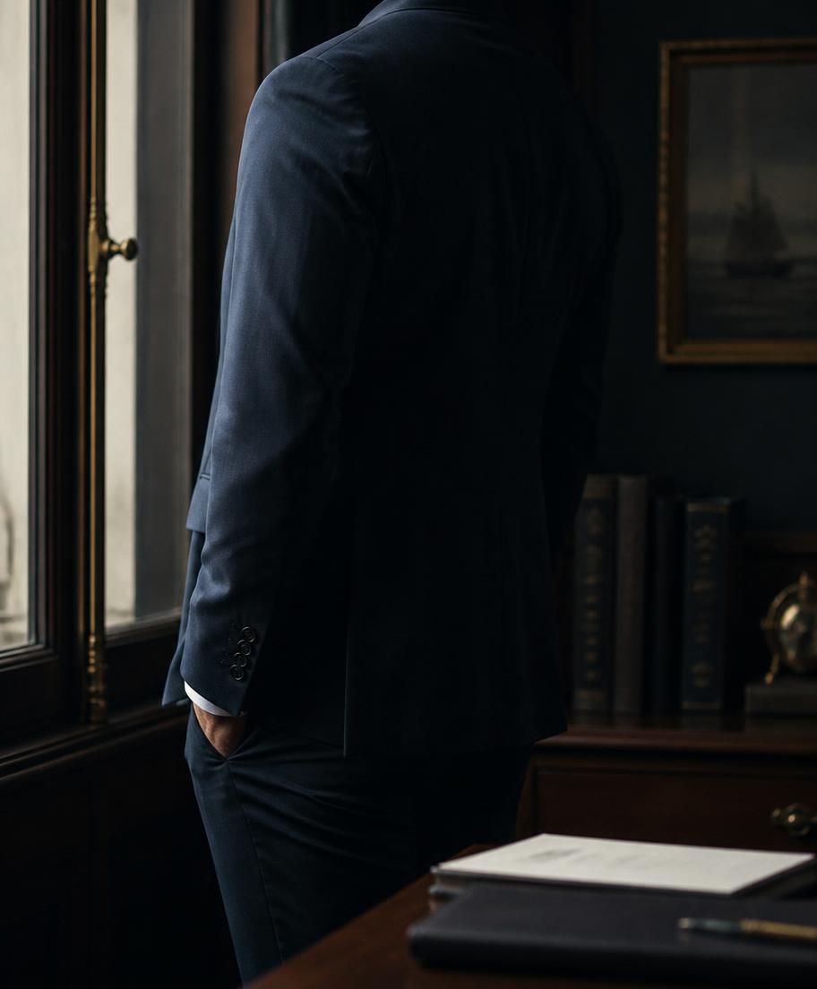 Tailored figure at a window in a private office, face out of frame